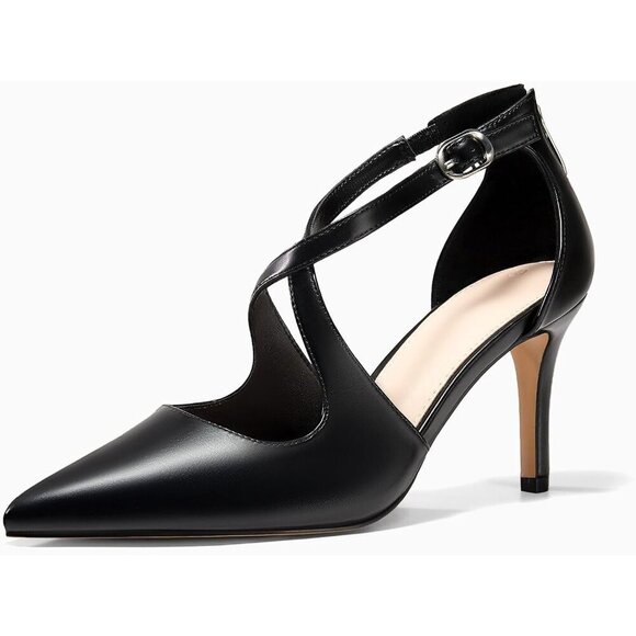 🆕Women Black Pumps High Heels Pointed Toe Crossed Strap Zip up Stilettos Shoes - Picture 2 of 6